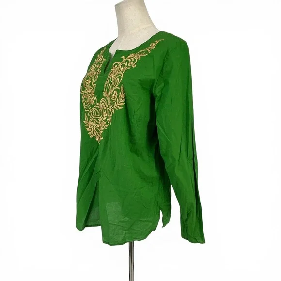 Susan Graver Style Green Cotton Embroidered Tunic Top Gold Beadwork Medium - Picture 3 of 10